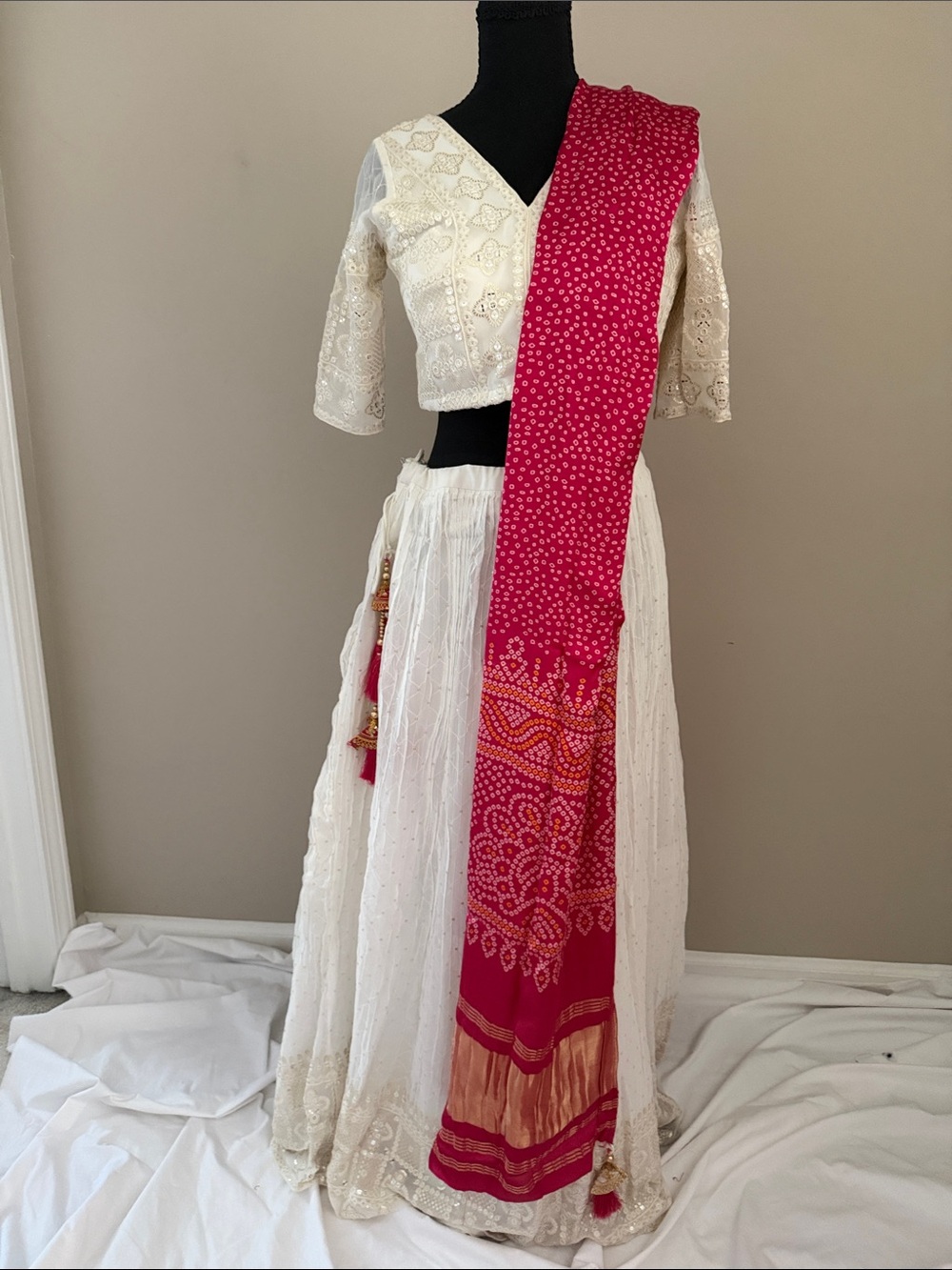 White Embroidered Lehenga Chikankari Skirt with Pink Bandhani  Dupatta